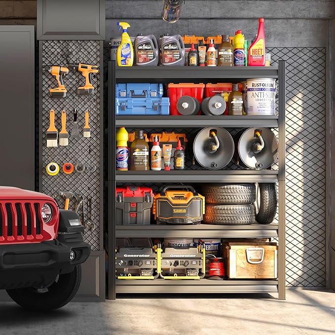 2500lb Capacity Heavy Duty Industrial Shelves | 5-Tier Steel Storage Rack | Adjustable Garage, Warehouse, Workshop Shelving | 63" H x 39.4" W x 17.7" D | Black