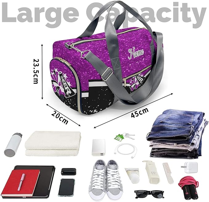 Cheer Cheerleader Personalized Duffel Bag Customized Yoga Sport Bags with Name Travel Duffel Bag Shoulder Bag Dark Purple Weekender Bags with Shoe Compartments