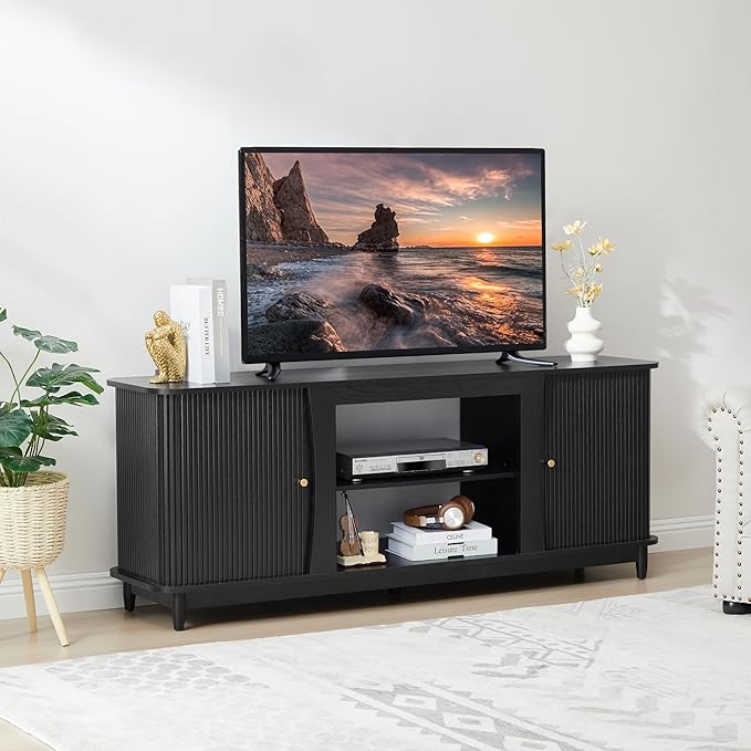 TV Stand, Fluted Media Console Table with Storage and Sliding Door, Farmhouse Entertainment Center for Living Room, Home Office (Black-No Fireplace)
