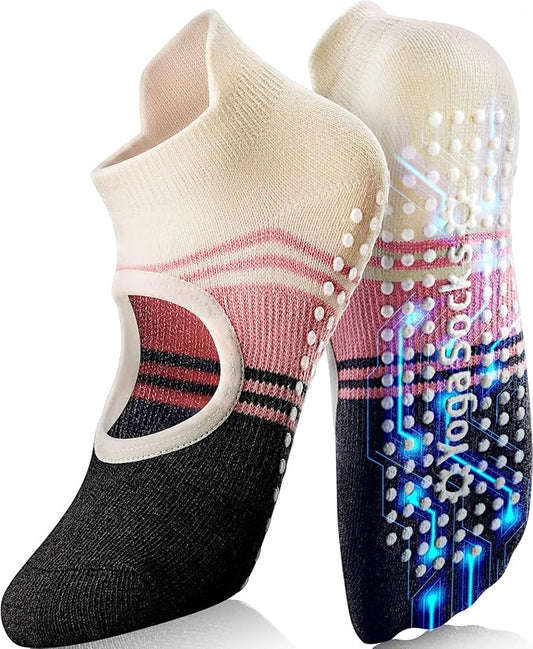 Non-Slip Pilates Yoga Socks with Grips for Women - Stylish Crew Socks for Barre, Ballet, and Workout (Size 5-9)