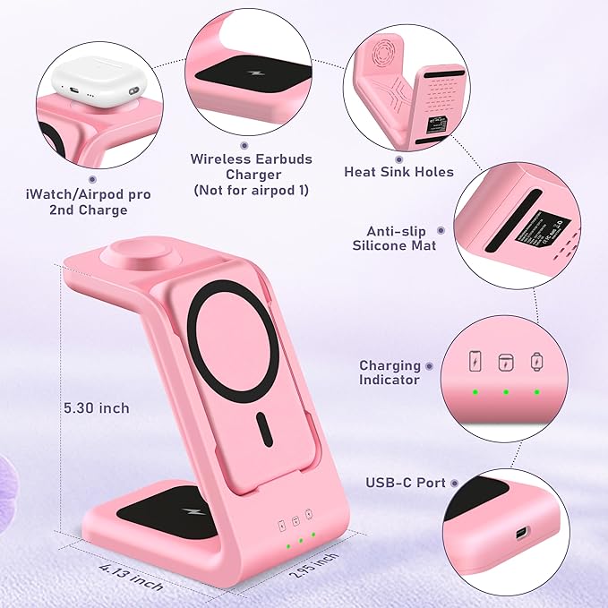 3 in 1 Wireless Charging Station: 5000mAh Removable Power Bank Charger Stand for iPhone/Apple Watch/Airpods - Portable Magnetic Battery Pack for Air 17 16 15 14 13 12 Series Pink