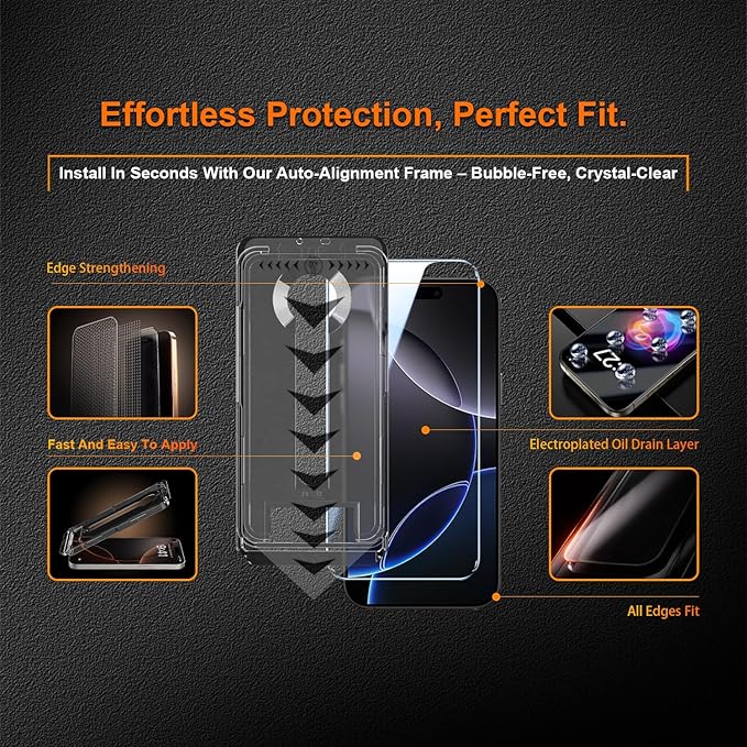 OneFish for iPhone 16 Plus 6.7 inch Tempered Glass Screen Protector 2 Pack Auto Dust-Elimination Easy Installation HD Clear Screen Protector