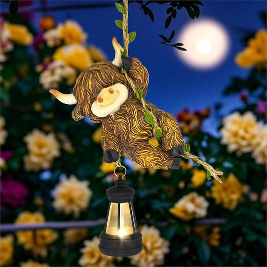 Hanging Highland Cow Decor: Garden Cow Statues with Solar Lantern Tree Decorations for Outdoor Yard Lawn Patio Porch Ideal Gardening Gifts for Mom Grandma Women