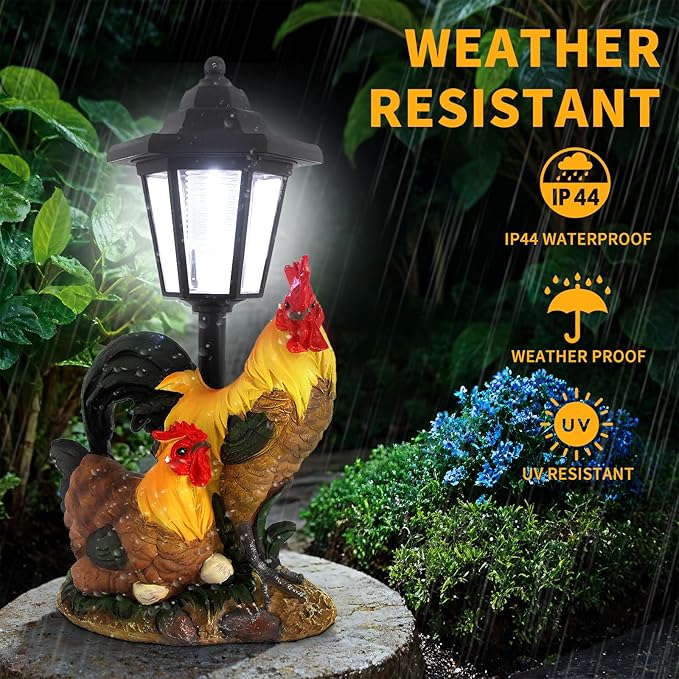 Solar Rooster Decor Outdoor, Chicken Figurines Decorations with Lantern for Outside Patio Yard Backyard Gifts for Mother's Day Birthday Housewarming
