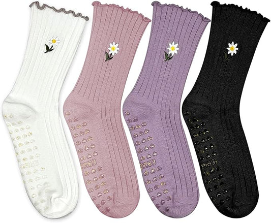 4 Pairs Cute Pilates Grip Socks for Women – Ruffle Top Non Slip Yoga Barre Crew Socks for Workout, Dance, Hospital