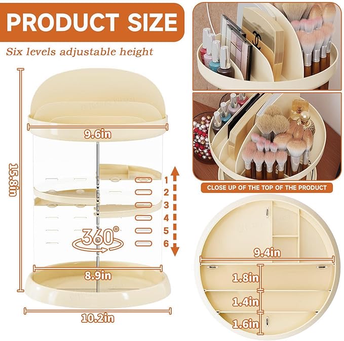 Beige 360 Rotating Makeup Organizer for Vanity - 6 Tier Adjustable Spinning Bathroom Counter Cosmetic Display Cases and Makeup Holder for Palette,Eyeshadow,Brush,Cologne Organizer