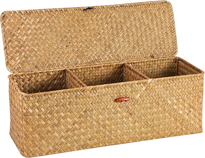 Wicker Shelf Baskets with Lid, Seagrass Basket for Storage Rectangular Woven Baskets Boxes 3-Section Home Decor Organizer (Natural Large)