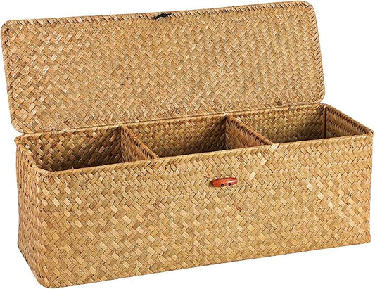 Wicker Shelf Baskets with Lid, Seagrass Basket for Storage Rectangular Woven Baskets Boxes 3-Section Home Decor Organizer (Natural Large)