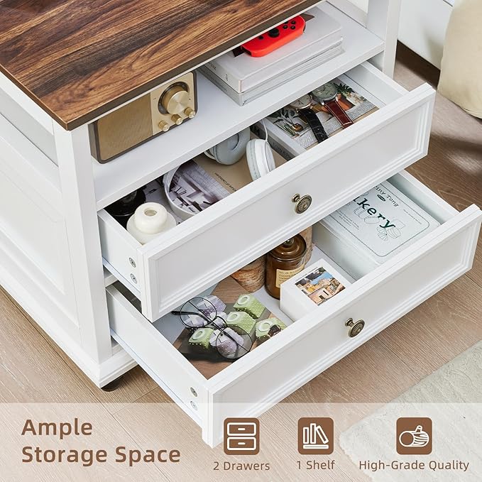 24" Wide Farmhouse Night Stand Set of 2,Large End Table with 2 Drawers & Metal Handle,White Wood Dresser for Bedroom, Bed Side Table Chest of Drawers Cabinet, Nightstand for Living Room,Closet