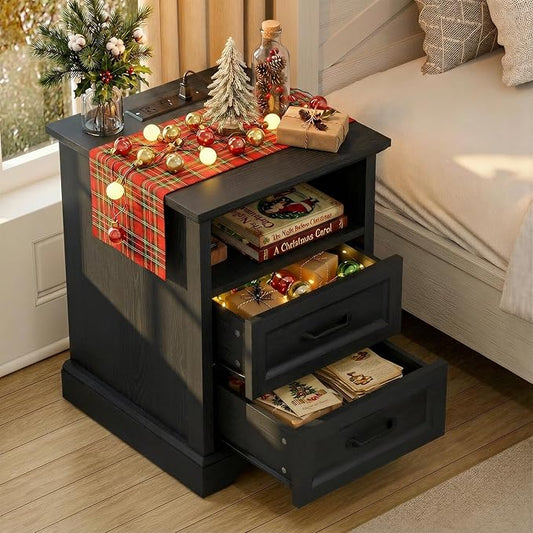 HOMMPA 18'' Farmhouse Nightstand with Charging Station, Bedside Tables with Storage, Bed Side End Table with Open Shelf, 2 Drawers Wood Night Stand Dresser for Bedroom, Living Room, Black