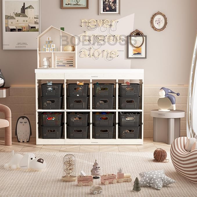 Black Plastic Storage Baskets with Lids 12 Pack Stackable Storage Bins Containers for Shelves Organizing, Cute Decorative Storage Boxes for Classroom, Playroom, Closet, Pantry