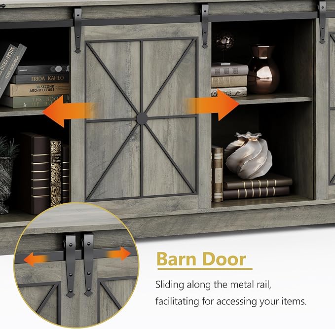 Farmhouse TV Stand for 65/60/55 Inch Tvs, Rustic Entertainment Center with Storage Cabinets & Sliding Barn Doors, Modern Media Console Table, Wood Television Furniture for Living Room, Bedroom, Grey