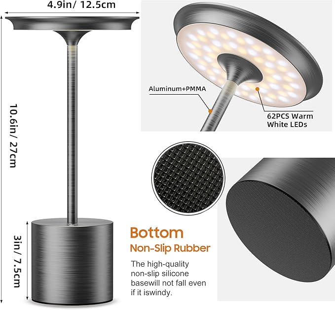 Cordless Table Lamp, Portable Rechargeable 6000mAh Outdoor Table Lamp, 3 Color Stepless Dimming Battery Powered Lamp, LED Table Light for Dinner/Restaurant/Outdoor (Gray)