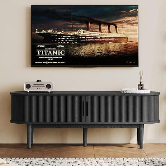 LINSY HOME 58" Fluted TV Stand for TVs up to 65 Inch, Mid Century Modern Entertainment Center with Storage Cabinet and Sliding Doors, Farmhouse Wood Media TV Console for Living Room, Bedroom, Black