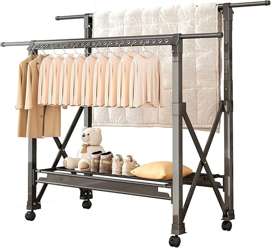 Heavy Duty Rolling Clothing Rack with Wheels, Portable Double Rod Metal Garment Rack, Clothes Drying Hanging Organizer for Closet, Laundry, Storage, Freestanding Adjustable Coat Hanger (Grey)