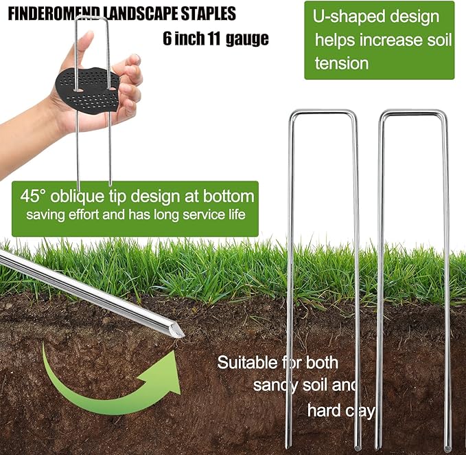 Finderomend 500 Pack Landscape Staples and 50 Pack Gaskets,11 Gauge 6" Galvanized Steel Garden Staples with Black Pads,Landscape Pins Turf Staples for Securing Weed Barrier Fabric Artificial Grass