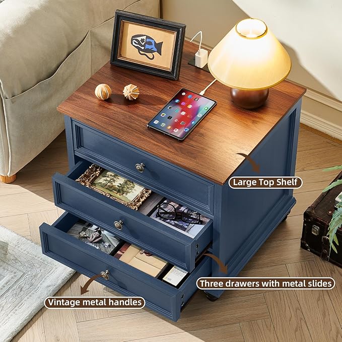 Farmhouse Nightstand with Charging Station, 24" Wide End Table with 3 Drawers,Blue Wood Dresser for Bedroom, Bed Side Table Chest of Drawers Cabinet,Night Stand for Living Room, Closet