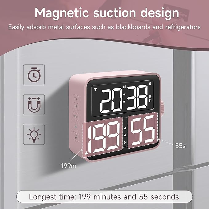 VEWINGL Dual Kitchen Timer Digital – 2-Channel Cooking Timer with Large Screen, Magnetic Back, Loud Alarm, Modern Pink Design for Various Timing Needs