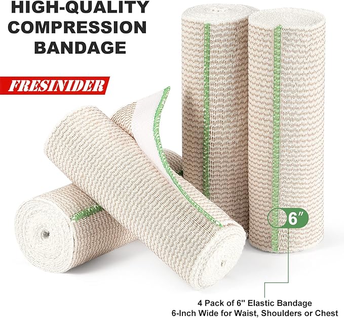 FRESINIDER Premium Elastic Bandage Wrap, 4 Pack 6" Cotton Latex Free Compression Bandage Wrap with Touch Closure at Both Ends, Support & First Aid for Sports, Medical, and Injury Recovery