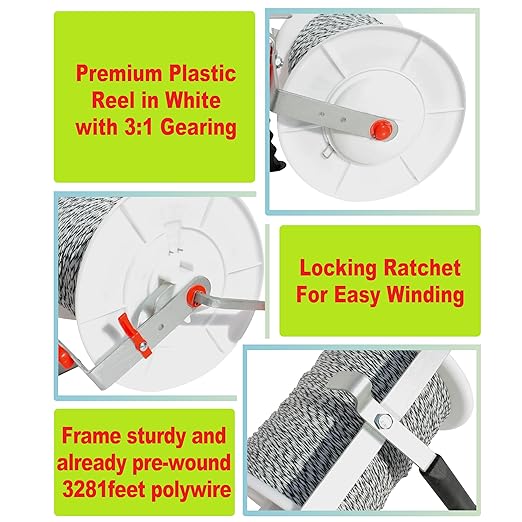 1 Pack 3:1 Geared Electric Fencing Maxi Reel with 3281ft Premium Polywire 6 Conductors Plus 1 Free 8 inch Insulgrip