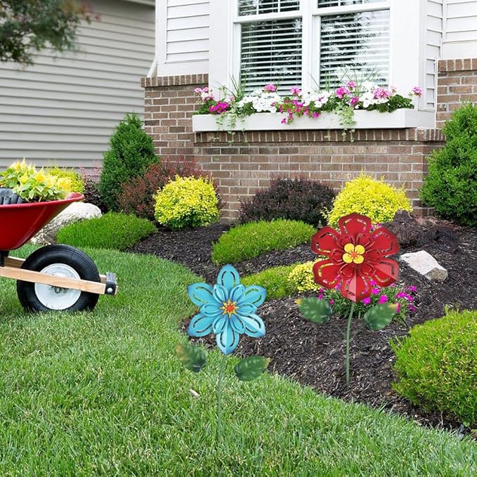 hogardeck Metal Flower Decorative Garden Stakes, 2 Pack 22" Outdoor Garden Decor with Shaking Flower Head Yard Stakes, Yard Art Spring Decorations for Patio Lawn (Blue & Red)