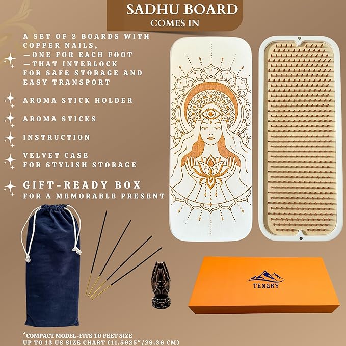 TENGRY Sadhu Board, Specially Crafted Aluminum & Copper Nails, Light Nail Board, 0.31 IN (8 mm), Beginners, Hexagon, Slim Sadhu Wood Board for Standing on Nails, Acupuncture Foot Massage, Yoga Gift