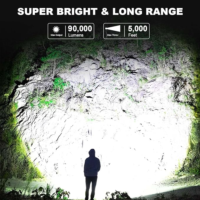 LBE Rechargeable Spotlight, Super Bright 90,000 Lumens Led Flashlight Handheld Spot Lights Outdoor with Cob Light, 10000ɱAh Long Lasting Large Spotlight for Hunting Boating Camping