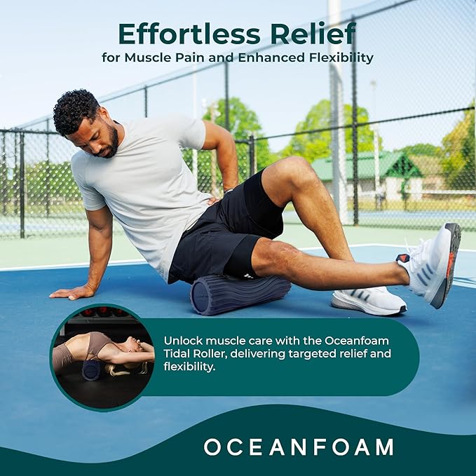 Oceanfoam Tidal Roller - Dark Navy - Muscle Massage Foam Roller for Back Pain & Stretching - Firm and Ergonomic Wide Wave Textured - Yoga, Athletics, & Wellness - Full Size, 20" x 5"