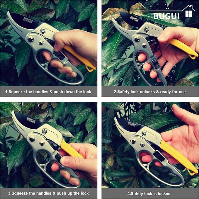 BUGUI 8" Ratchet Pruning Shears, 5 Times Cutting Power Than Normal Garden Scissors, Labor-Saving Design for Arthritis Weak Hands