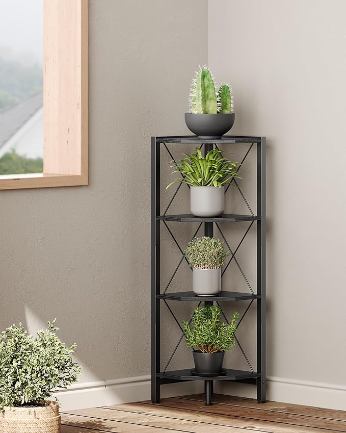 4-Tier Corner Shelf, Corner Bookcase, 43.3" Tall Vertical Display Rack, Plant Stand, Open Storage Shelf, for Living Room, Bedroom, Study, Kitchen, Black TCJ14BB