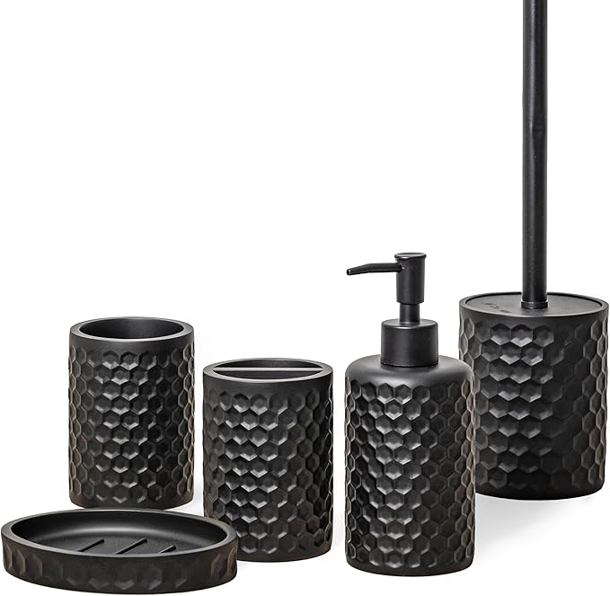 ZCCZ Bathroom Accessories Set 5 Pcs - Soap Dispenser, Toilet Brush, Toothbrush Holder, Tumbler, Soap Dish - Vintage Decor for Countertop Vanity Organizer, Black Bathroom Accessory Collection