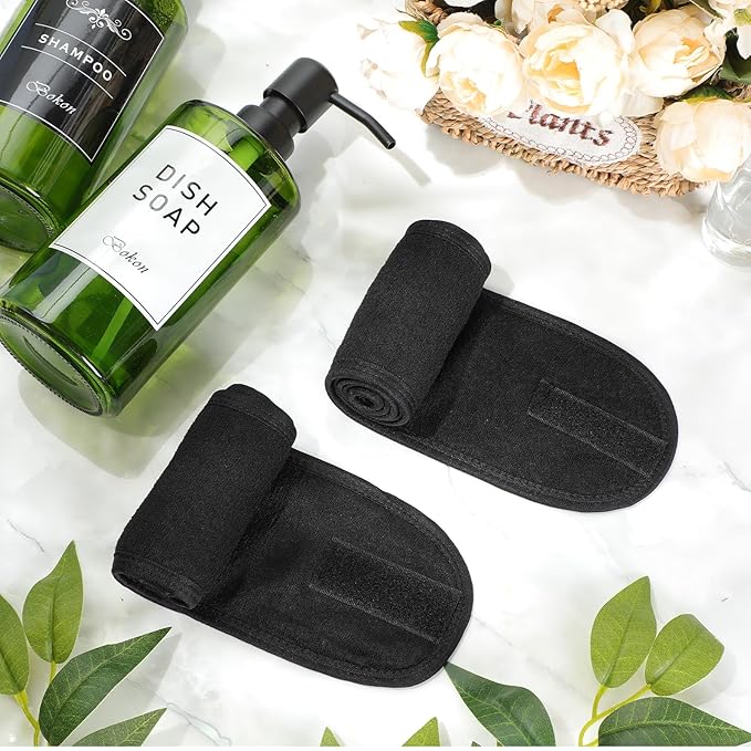 Hoteam 30 Pack Spa Headband Facial Esthetician Hair Wrap for Women Adjustable Makeup Sports Shower Stretch Towel with Tape(Black)