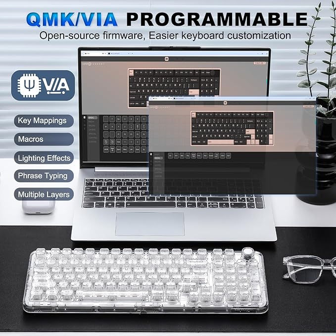 YUNZII X98 QMK/VIA Wireless Mechanical Gaming Keyboard with Knob,Tri-Mode BT5.0/USB-C/2.4GHz Hot Swappable Keyboard,Pre-lubed Switches Gasket Mount RGB Backlit for Wins/Mac (White, Snow Switch)