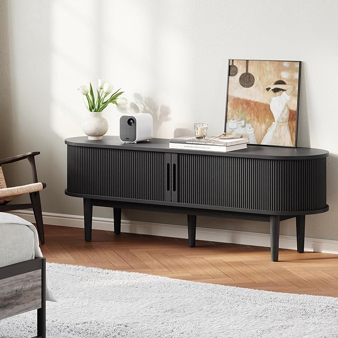LINSY HOME Fluted TV Stand for 65" TV, Mid-Century Modern Wood Entertainment Center with Sliding Tambour Door and Storage Cabinet, Boho TV Media Console Table for Living Room, Bedroom, Black