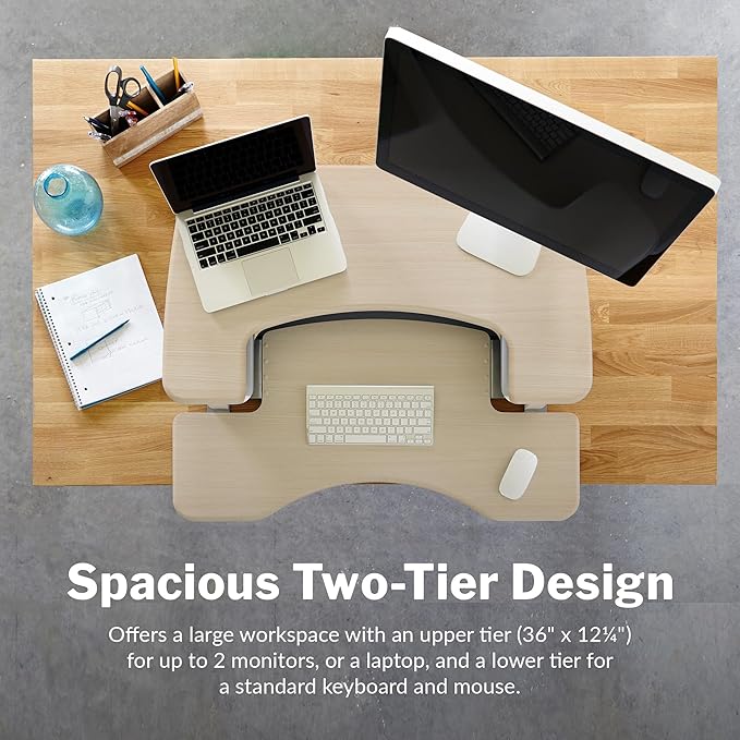 Vari VariDesk Pro Plus 36 Standing Desk Converter – 11 Height Settings + Spring Lift, 2 Tier Design, Keyboard Tray, Fits Desktops 36” Wide x 26.5" Deep – Delivers Fully Assembled (Light Wood)