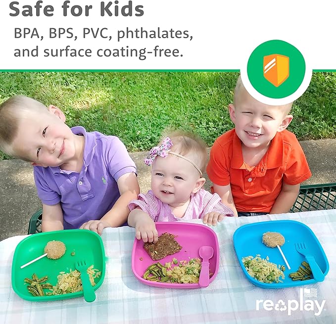 Re-Play Toddler Plates - 22 Oz. Deep-Walled Flat Kids Plates with Lid - Dishwasher & Microwave Safe - Made in USA - Set of 3-7.37" x 7.37" x 1.25" - Desert Roses