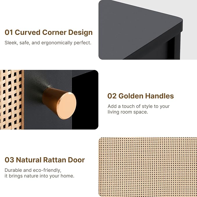 Rattan TV Stand for TVs up to 75'' Boho Entertainment Center with Adjustable Shelf Television Stand with 2 Storage Cabinets Media Console Wooden TV Cabinet for Living Room Bedroom,Black