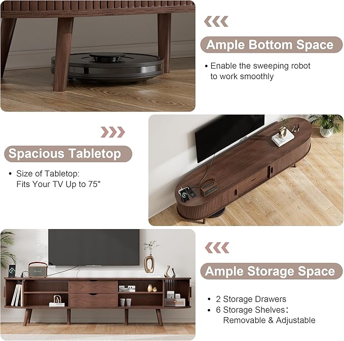 Alohappy 69" Mid Century Modern TV Stand with Power Outlet, Farmhouse Curved Edge TV and Media Console Table with Drawer and Shelf, Fluted Entertainment Center for Living Room, Bedroom, Walnut