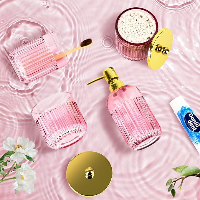 Bathroom Accessories Set,4 Pcs Pink Glass Bathroom Accessories Set with Toothbrush Holder,Lotion Soap Dispenser,2 Qtip Holder Dispensers - Countertop Organizer for Modern Bathroom Decor - Pink