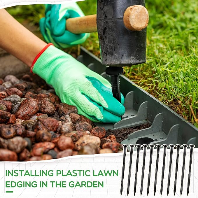 Handepo 250 Pcs 8 Inch Landscape Edging Spikes Plastic Lawn Stakes Anchoring Nails Spiral Nylon Garden Ground Lawn Artificial Nails for Paver Edging Weed Barriers Tent Construction(Black)