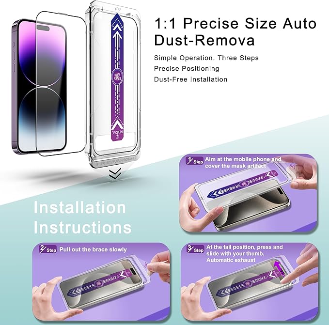 2 Pack Screen Protector Tempered Glass for iPhone 16 Plus and iPhone15 Plus and iPhone 14 Pro Max 6.7-Inch Auto Dust Removal, No Bubbles, High Definition Clear, Easy Installation