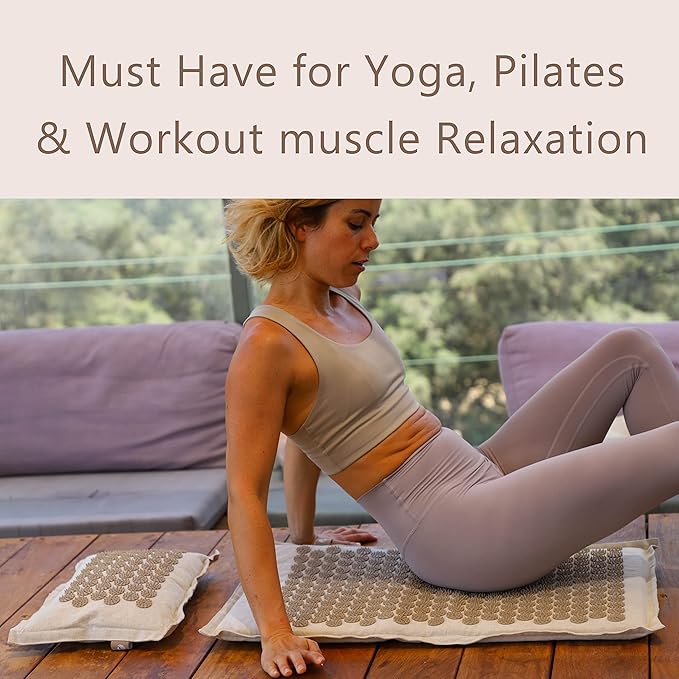 Acupressure Mat & Pillow Set with Hot/Cold Gel Pack for Back and Neck Pain Relief, Sciatica and Pressure Point Aches - Ideal Acupuncture Mat for Sleeping Aid & Workout Recovery (Natural Linen)