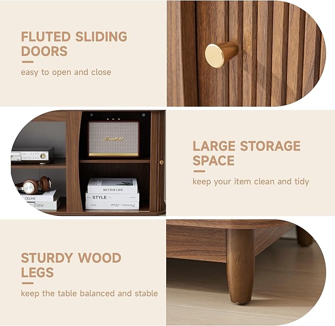 TV Stand, Fluted Media Console Table with Storage and Sliding Door, Farmhouse Entertainment Center for Living Room, Home Office (Walnut-No Fireplace)