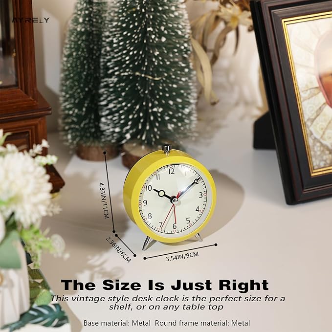 AYRELY® 4" Loud Analog Alarm Clock, Retro Metal Table Clock Battery Operated, Silent Non-Ticking Desk Clock with Alarm Switch Button for Bedroom, Bedside, Shelf, Office (Yellow)