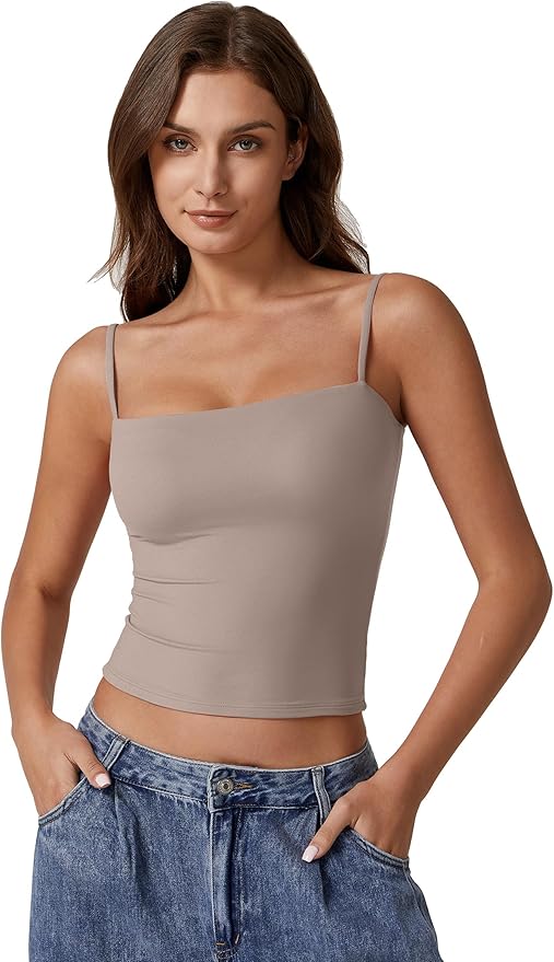 QINSEN Women's Double Lined Basic Tank Top Adjustable Spaghetti Straps Sleeveless Camisole Shirts