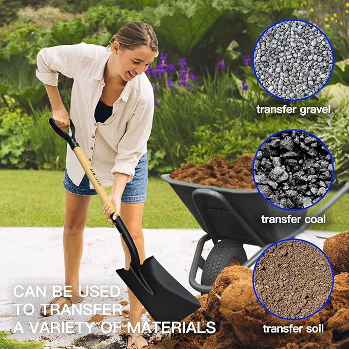 Flat Shovel,Transfer Shovel with D Handel and Heavy Duty Square Head for Landscaping,Gardening,Construction,Snow Shoveling and Yard Work,41-Inch,Metal+Wooden