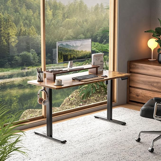 Veken 55 Inch Large Electric Standing Desk, Heights Adjustable, Sit to Stand Up, Work Home Office Computer Table for Study, Walking Pad, Writing, and Games, Wooden Desktop Desks, Brown