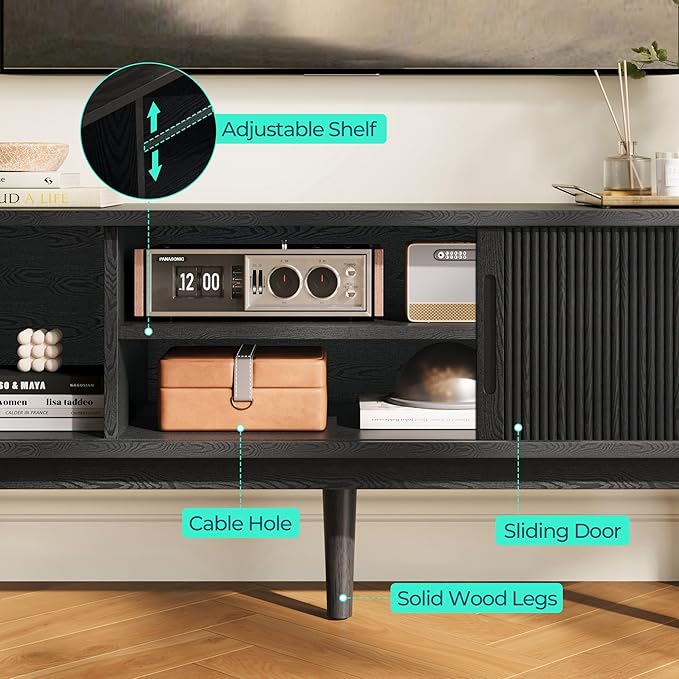 LINSY HOME 58" Fluted TV Stand for TVs up to 65 Inch, Mid Century Modern Entertainment Center with Storage Cabinet and Sliding Doors, Farmhouse Wood Media TV Console for Living Room, Bedroom, Black