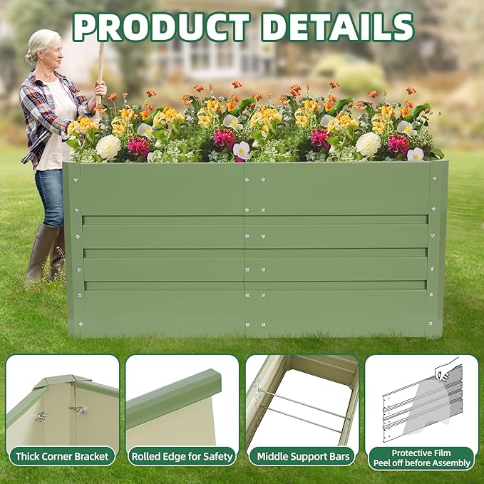 G GOOD GAIN 4x2x1.8ft Raised Garden Bed - Metal Planter Box Outdoor with Weed Barrier Fabric | Deep Root Raised Beds for Gardening Vegetables Flowers Herb Fruits (Olive Green)