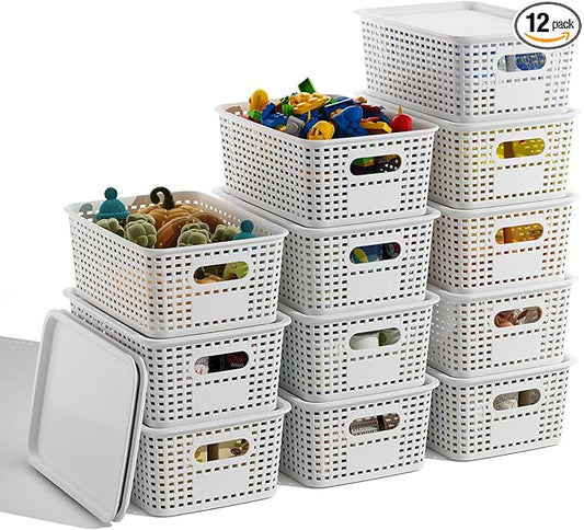White Plastic Storage Baskets with Lids 12 Pack Stackable Storage Bins Containers for Shelves Organizing, Cute Decorative Storage Boxes for Classroom, Playroom, Closet, Pantry